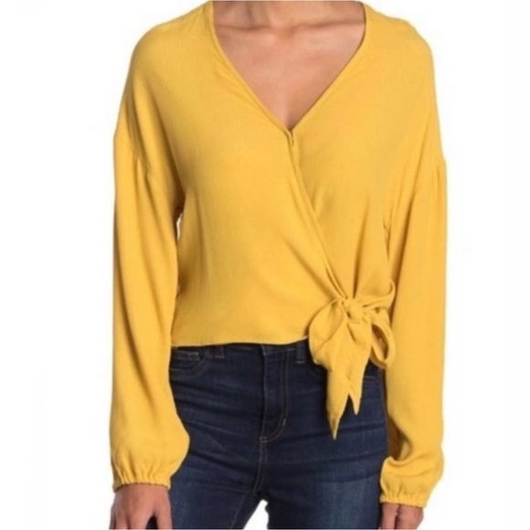 Madewell Shirt Womens XL Raelynn Yellow Wrap Blouse Side Tie Viscose V-Neck - Picture 1 of 16